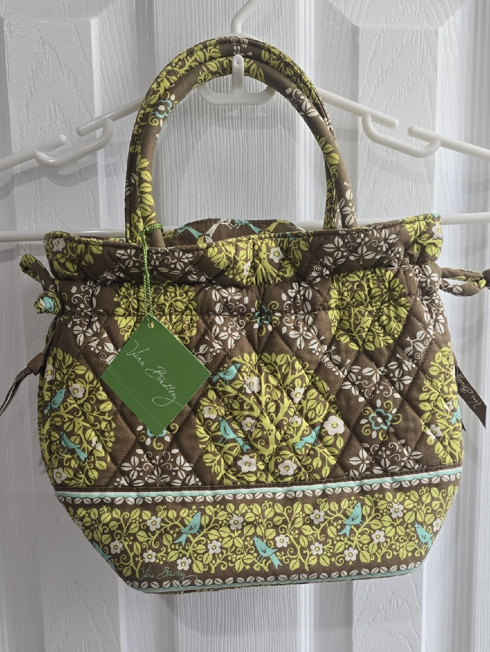 Vera Bradley Brown and Lime Quilted Tiny Tote with Bird & Flower Print